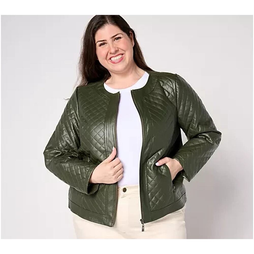 Belle by Kim Gravel Faux Leather & Ponte Zip Jacket Black Olive Small A666951 - Picture 2 of 4